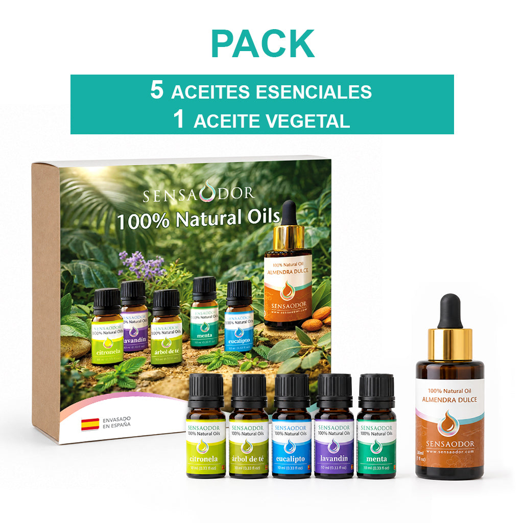 Pack de 5 Aceites Esenciales + Aceite Vegetal de Almendra Dulce